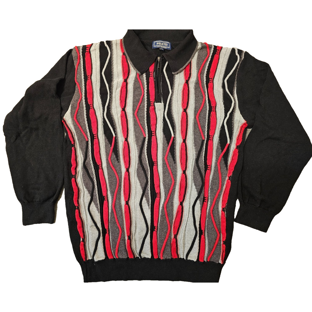 Vintage Peletti Polo Sweater Mens 2XL Multi Striped Geometric Cosby 1/4 Zip